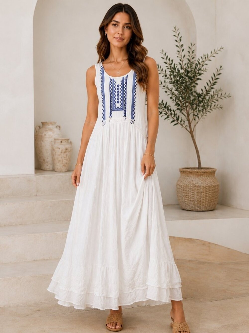 Kaktus White Sleeveless Maxi Dress Medium With Blue & Yellow Embroidery Lace Det